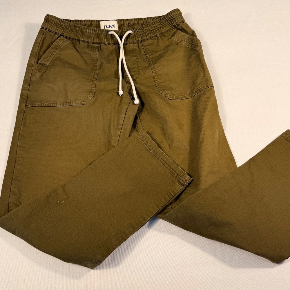 Pact Organic Cotton Jogger Pants Medium Olive Green Elastic Drawstring Chino - Picture 11 of 16